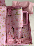 Stanley LoveShackFancy Quencher H2.0 40oz Ibiza Sunset Pink Floral Glitter Tumbler