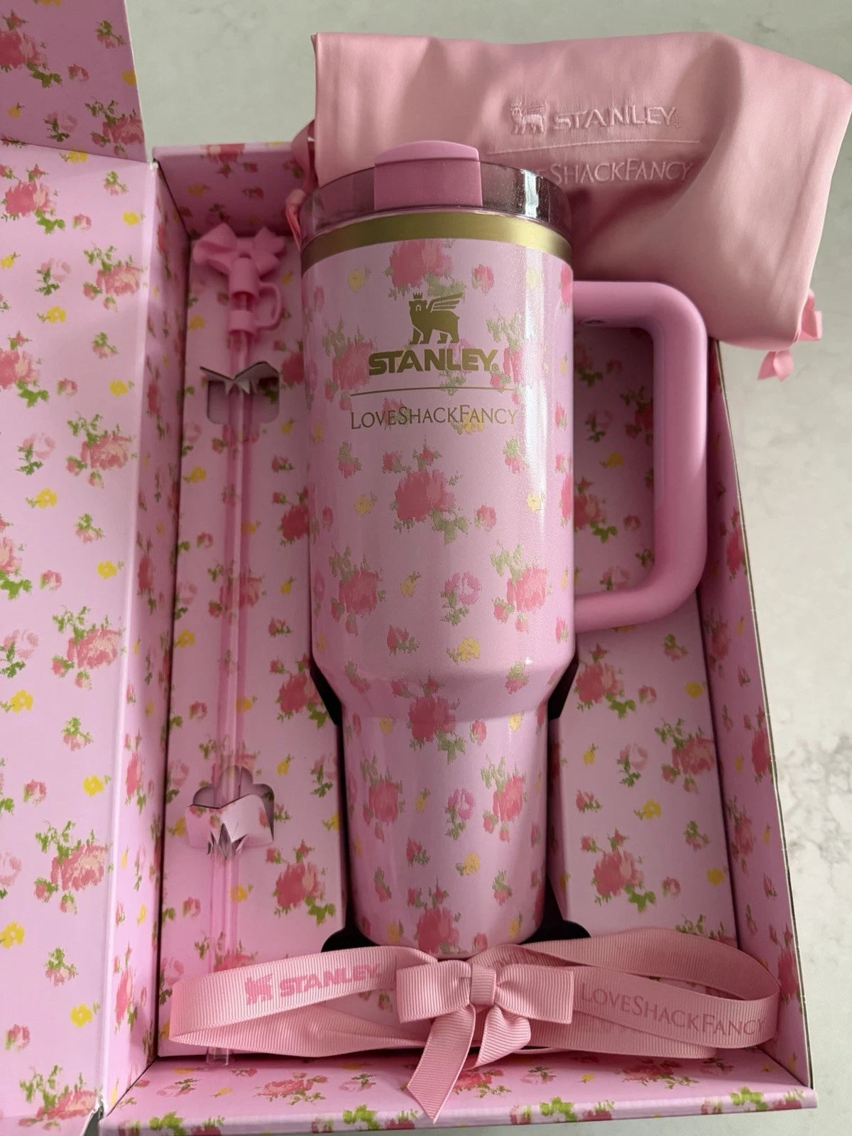 Stanley LoveShackFancy Quencher H2.0 40oz Ibiza Sunset Pink Floral Glitter Tumbler