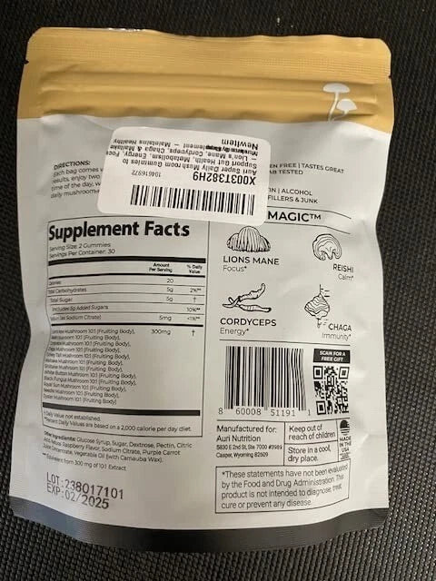 Auri Super Mushroom Daily Gummies – 12 Mushroom Blend with Chaga – 60 Gummies