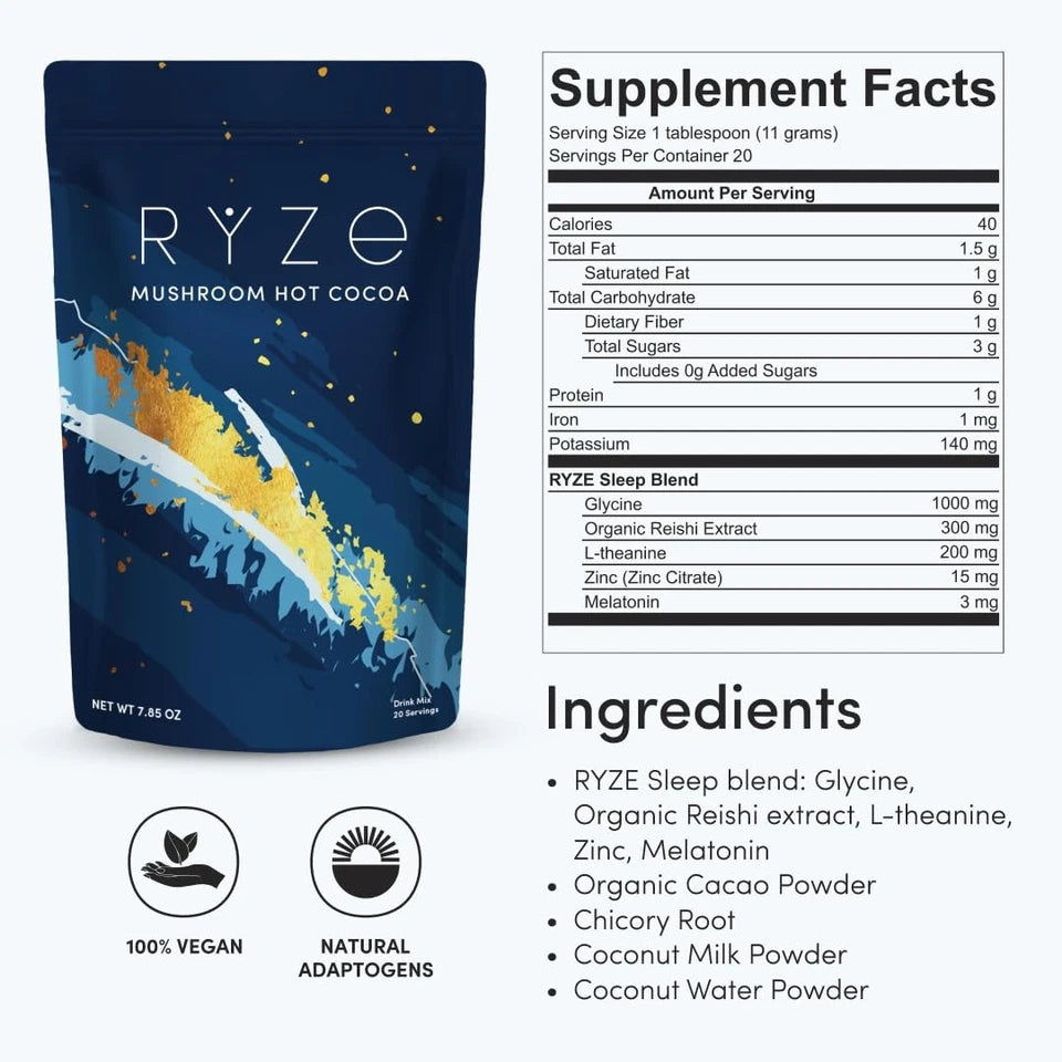 RŸZE Mushroom Hot Cocoa Sleep Powder with Melatonin & Reishi – 20 Servings