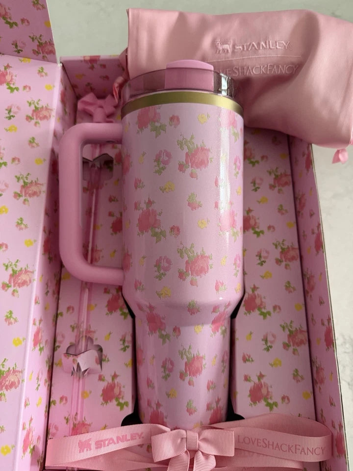 Stanley LoveShackFancy Quencher H2.0 40oz Ibiza Sunset Pink Floral Glitter Tumbler