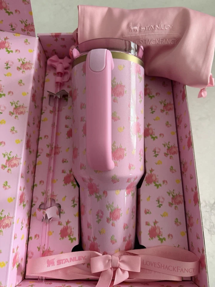 Stanley LoveShackFancy Quencher H2.0 40oz Ibiza Sunset Pink Floral Glitter Tumbler