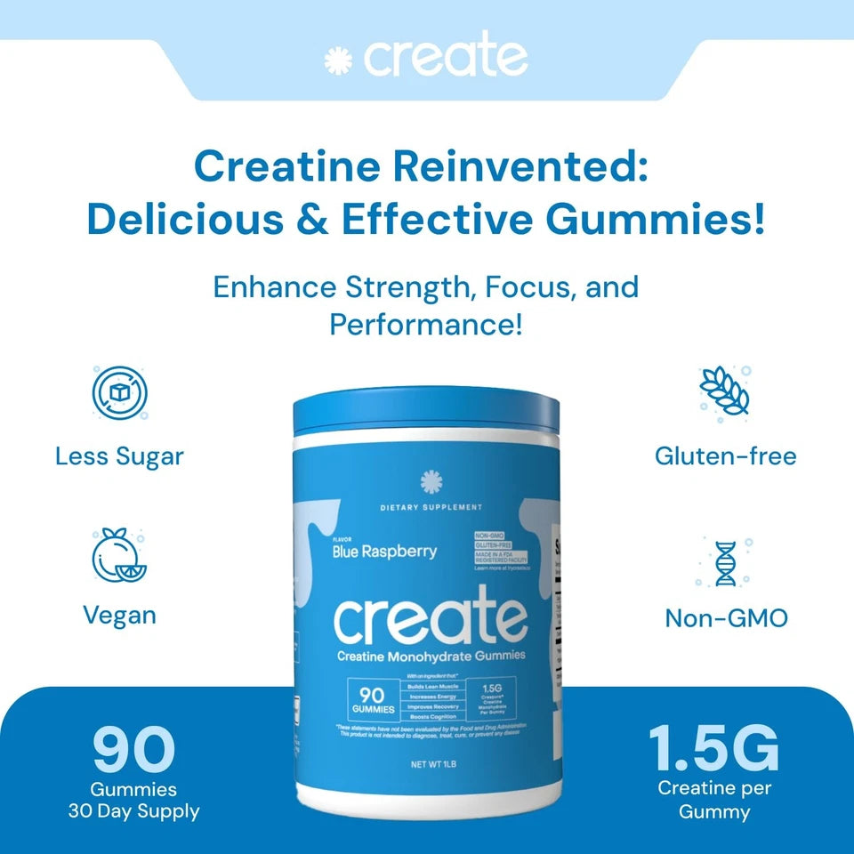 Creatine Gummies 1.5g – Blue Raspberry – Vegan – 90 Count